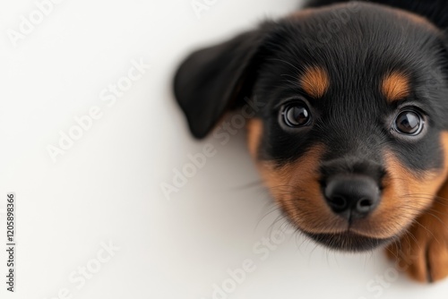 A captivating puppy lies on its back, displaying playful eyes against a clean white background, leaving ample space for text and design elements photo