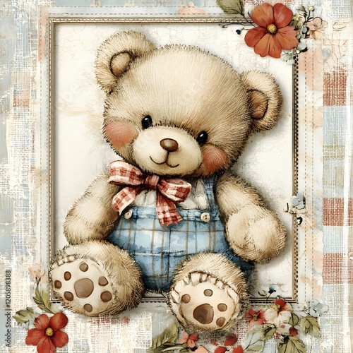 Cute watercolor teddy bear in a frame clipart