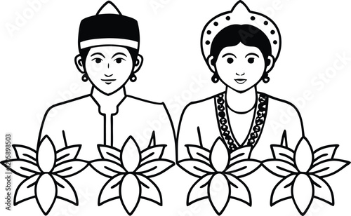 A black and white illustration of a man and a woman dressed in traditional Indonesian attire, likely representing a wedding or cultural ceremony.