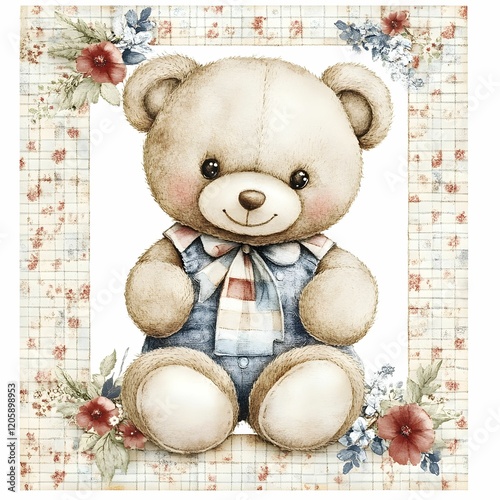 Cute watercolor teddy bear in a frame clipart