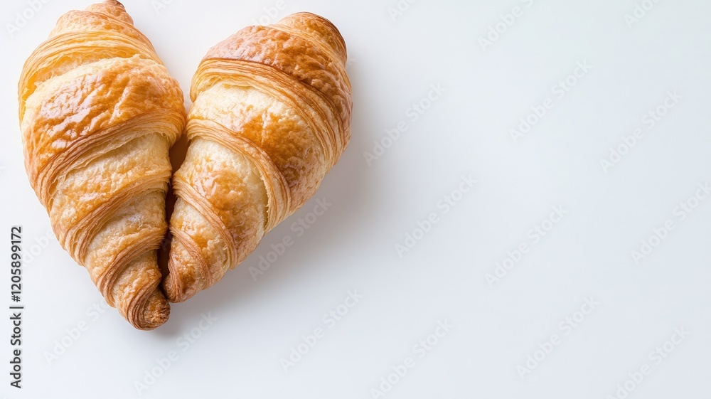 Two flaky, golden croissants placed adjacent on white surface Two flaky, golden croissants placed adjacent on white surface