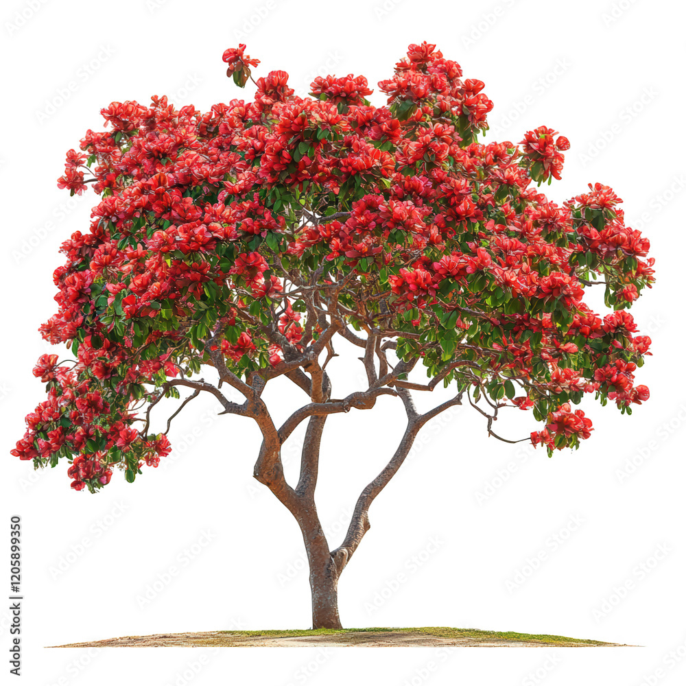 Vibrant coral tree with bright red flowers and thorny trunk, showcasing nature beauty and resilience. This stunning tree stands out in any landscape