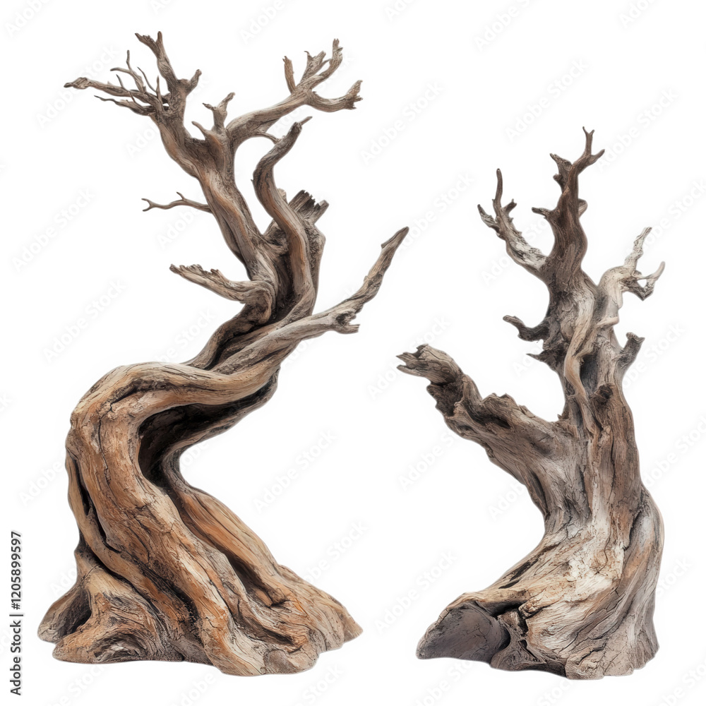 Gnarled driftwood trees with weathered forms, showcasing unique textures and shapes. These natural sculptures evoke sense of timelessness and resilience in nature Gnarled driftwood trees with weathered forms, showcasing unique textures and shapes. These natural sculptures evoke sense of timelessness and resilience in nature