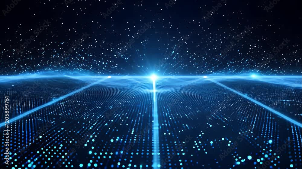 pulsating grid of blue particles, glowing intensely at random intervals on a black cosmic background