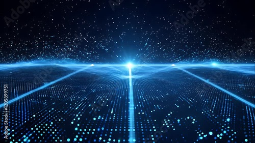 pulsating grid of blue particles, glowing intensely at random intervals on a black cosmic background