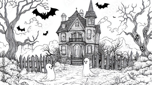 A spooky haunted house with bats and ghosts in black and white sketch style, halloween scene