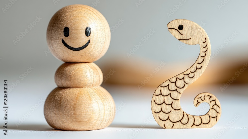 Fototapeta premium Smiling wooden toy next to carved snake