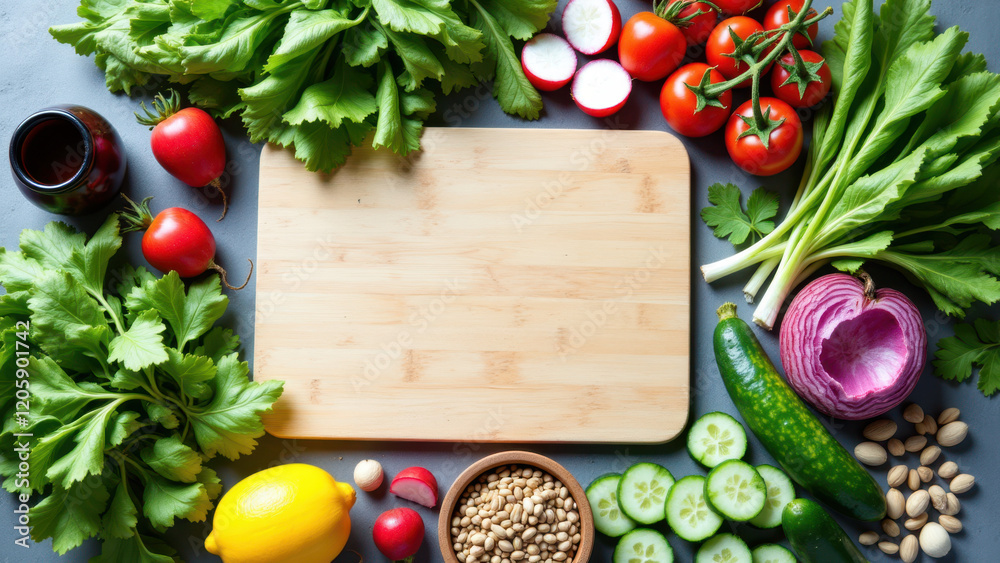 Fresh produce spread out on a wooden surface, perfect for a healthy meal preparation or detox diet. Fresh produce spread out on a wooden surface, perfect for a healthy meal preparation or detox diet.