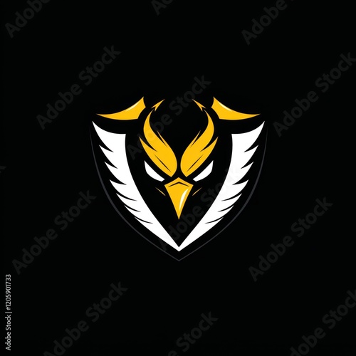 Fierce eagle head emblem, shield, dark background; gaming logo
