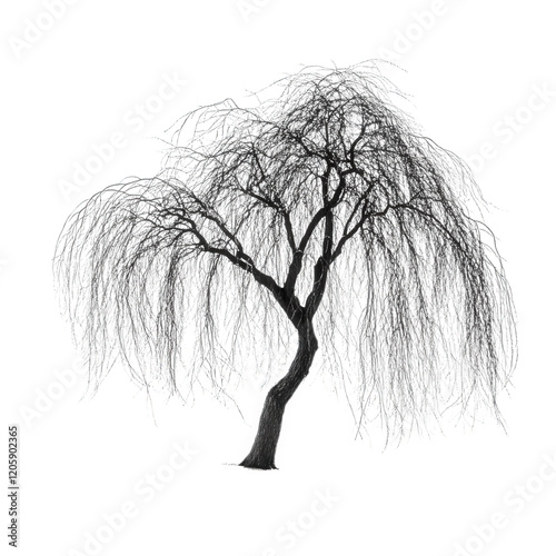 graceful willow tree with long, drooping branches swaying gently in breeze, creating serene and tranquil atmosphere