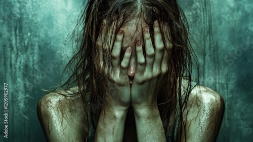 A woman covering her face in fear, symbolizing awareness of domestic violence and abuse. Ideal for social justice and awareness campaigns.