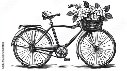 A stylized black and white sketch of a bicycle with a basket of flowers on a white background