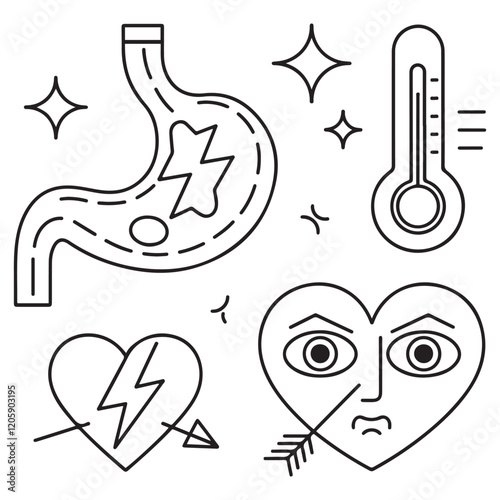 Stomach ache and pain related editable outline icons.