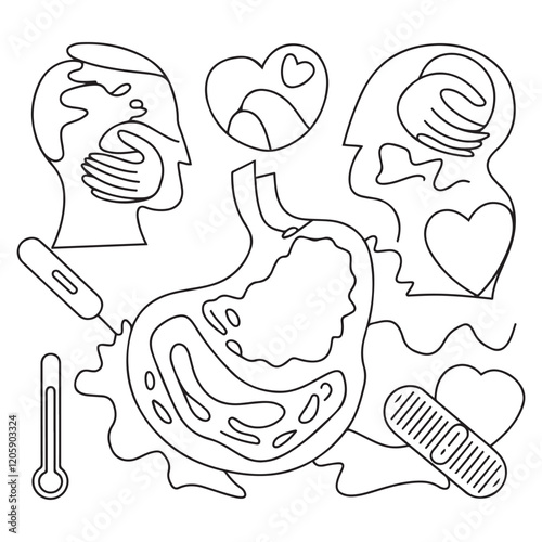 Stomach ache and pain related editable outline icons.