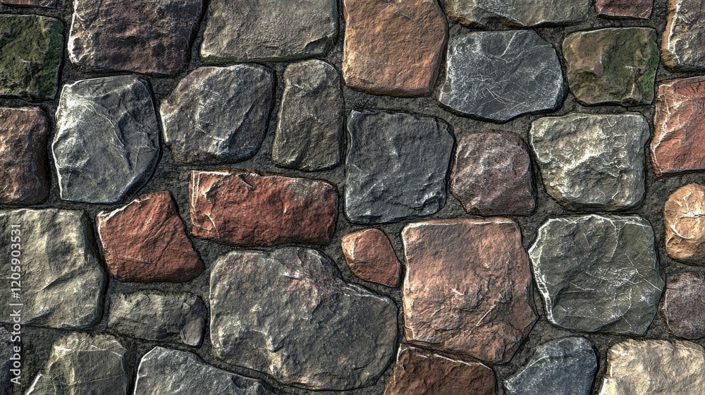 A textured stone wall with varied colors and shapes A textured stone wall with varied colors and shapes