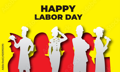 Happy Labor day or International workers day vector illustration with workers. International labor Day May 1 and May day celebration. Paper Art and Paper Cut Out Concept.