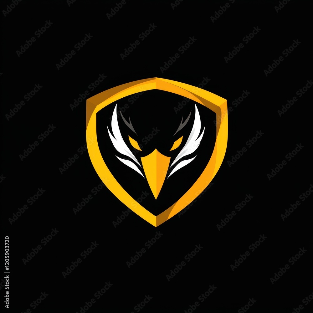 Golden eagle shield logo; gaming mascot, dark background; esports team icon Golden eagle shield logo; gaming mascot, dark background; esports team icon
