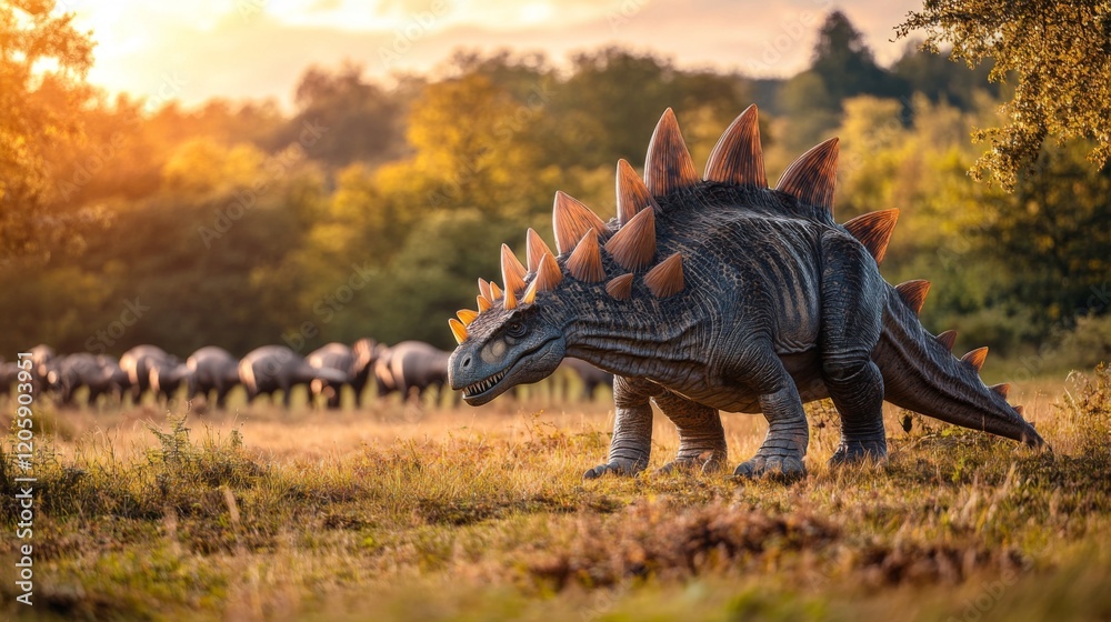 Fototapeta premium A majestic stegosaurus stands proudly in a lush prehistoric landscape. Its spiked back and powerful stance capture attention. Nature thrives around this giant creature. Generative AI