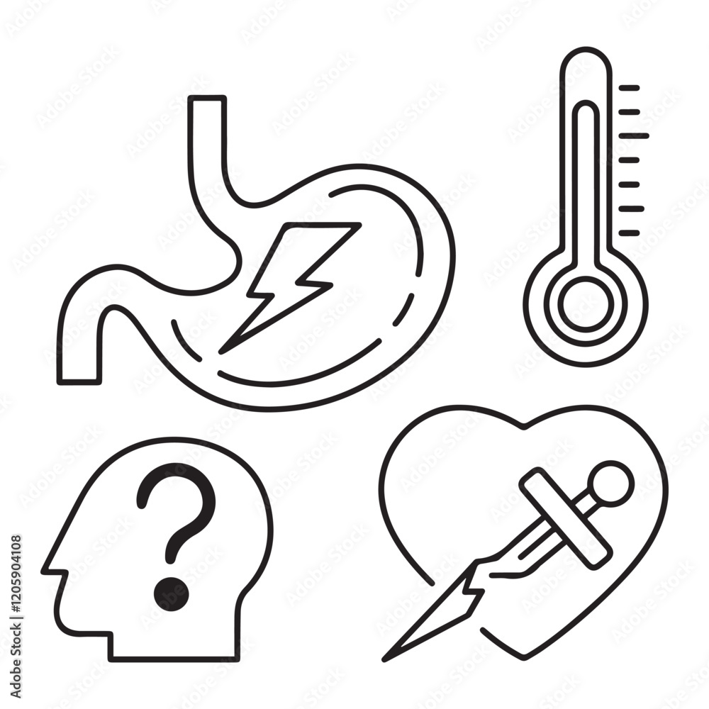 Stomach ache and pain related editable outline icons. Stomach ache and pain related editable outline icons.