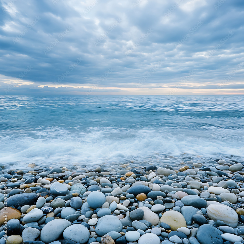 breathtaking view of a chalcedony coastline with smooth stones scattered along the shore, the vibrant blues of the ocean meeting a cloudy sky breathtaking view of a chalcedony coastline with smooth stones scattered along the shore, the vibrant blues of the ocean meeting a cloudy sky