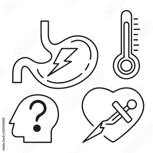 Stomach ache and pain related editable outline icons.