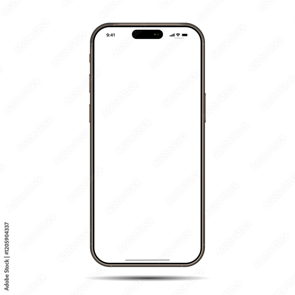Realistic smartphone mockup. Mobile phone vector with isolated on white background. Device front view. 3D mobile phone with shadow. Realistic, high quality smart phone mockup for ui ux presentation.
