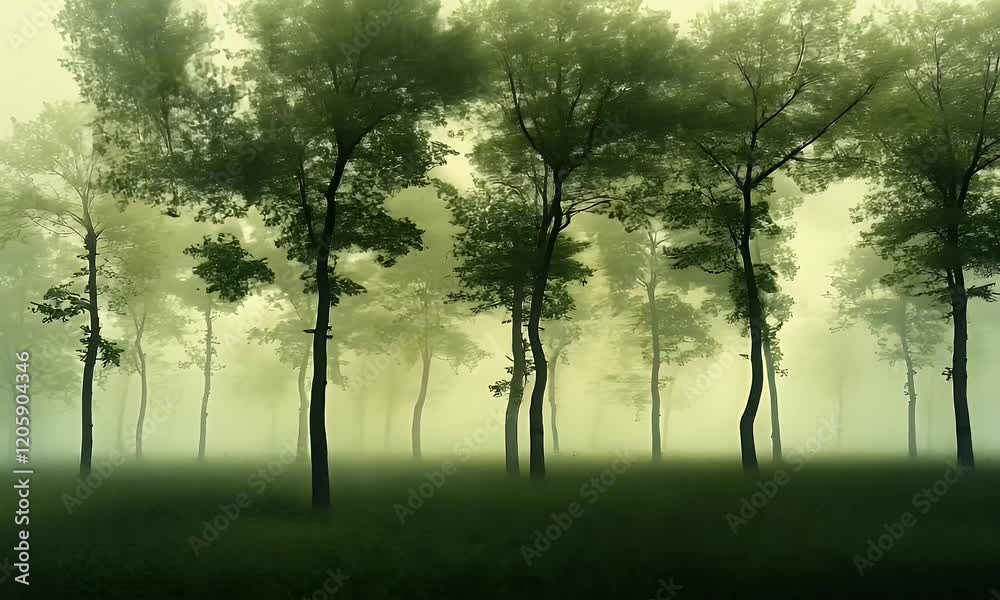 Misty forest landscape with tall trees shrouded in fog, creating a serene and mysterious atmosphere Misty forest landscape with tall trees shrouded in fog, creating a serene and mysterious atmosphere