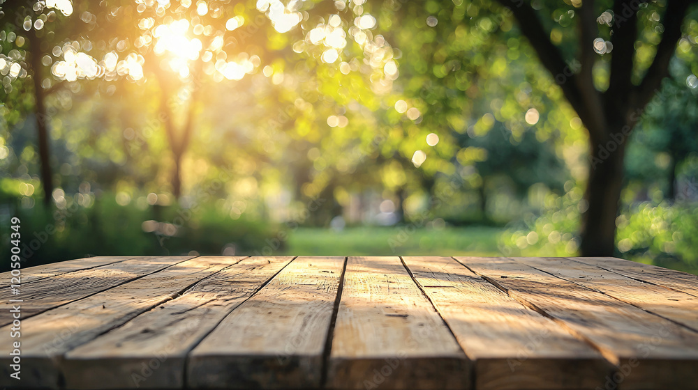 Simple wooden table in natural tones, set against a green forest background with soft sunlight filtering through trees. Simple wooden table in natural tones, set against a green forest background with soft sunlight filtering through trees.