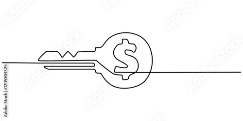 Doller with key icon continuous one line drawing on white background, Keys line icon editible stroke, Dollar Shaped Key I (with Clipping Path), Put the dollar sign key into the keyhole, FINANCE. 