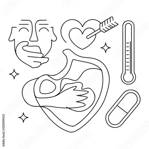 Stomach ache and pain related editable outline icons.