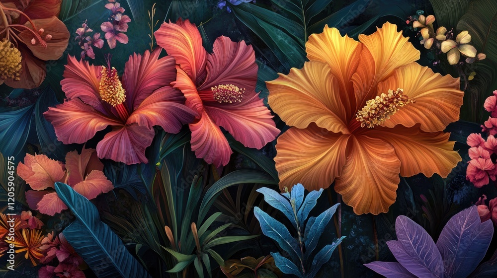 Fototapeta premium Vivid Tropical Hibiscus Flowers And Lush Foliage