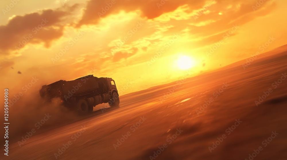 Fototapeta premium Speedy Cargo Truck on Desert Highway at Sunset