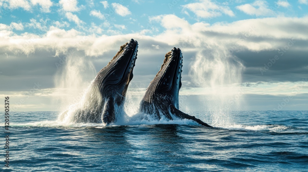 Fototapeta premium Two humpback whales perform a graceful water ballet.