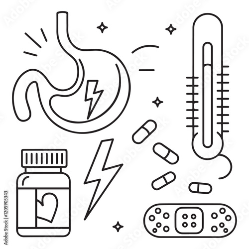 Stomach ache and pain related editable outline icons.