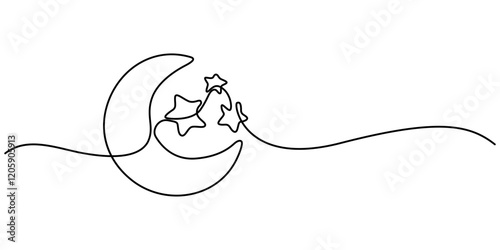 One continuous line drawing of Moon with stars. Ramadan Kareem banner in simple linear style. Sleep symbol with crescent in Editable stroke. Doodle vector illustration, Line drawing of moon icon pro. 