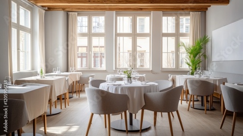 Empty restaurant interior, bright,  with tables and chairs, possible for food or drink ad photo