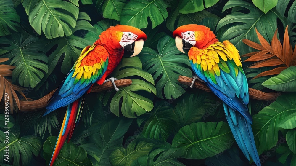 Obraz premium Two vibrant macaws perched amongst lush tropical foliage