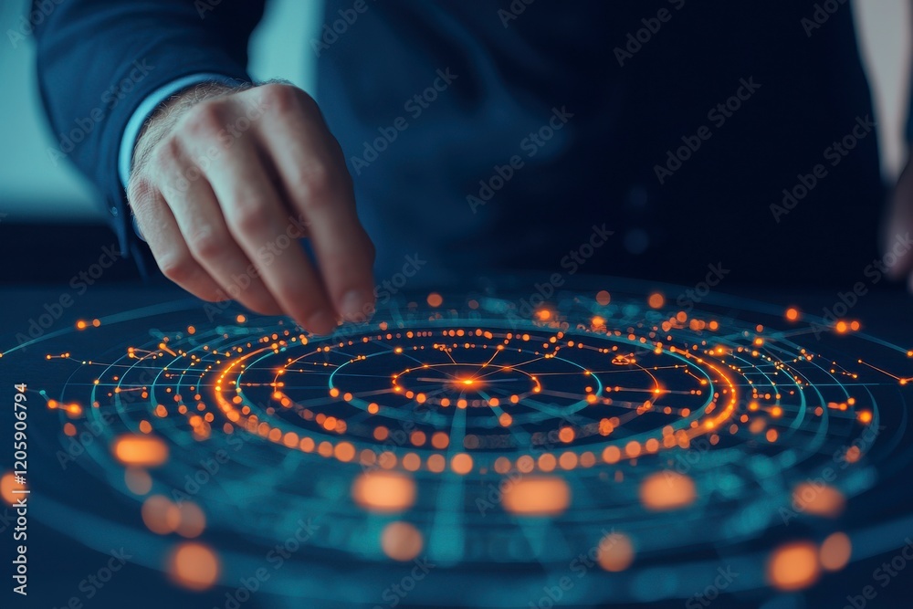 Naklejka premium A hand interacts with a glowing digital interface displaying interconnected dots and lines, symbolizing data visualization and technology.
