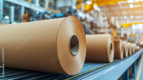 A series of large, brown paper rolls are lined up on a conveyor belt in a bright industrial setting, showcasing a paper manufacturing process.