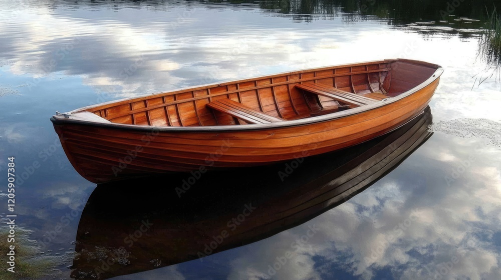 Naklejka premium Wooden Rowboat Calmly Floats on Still Water