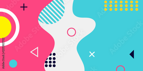 Memphis background with colorful geometric shapes.