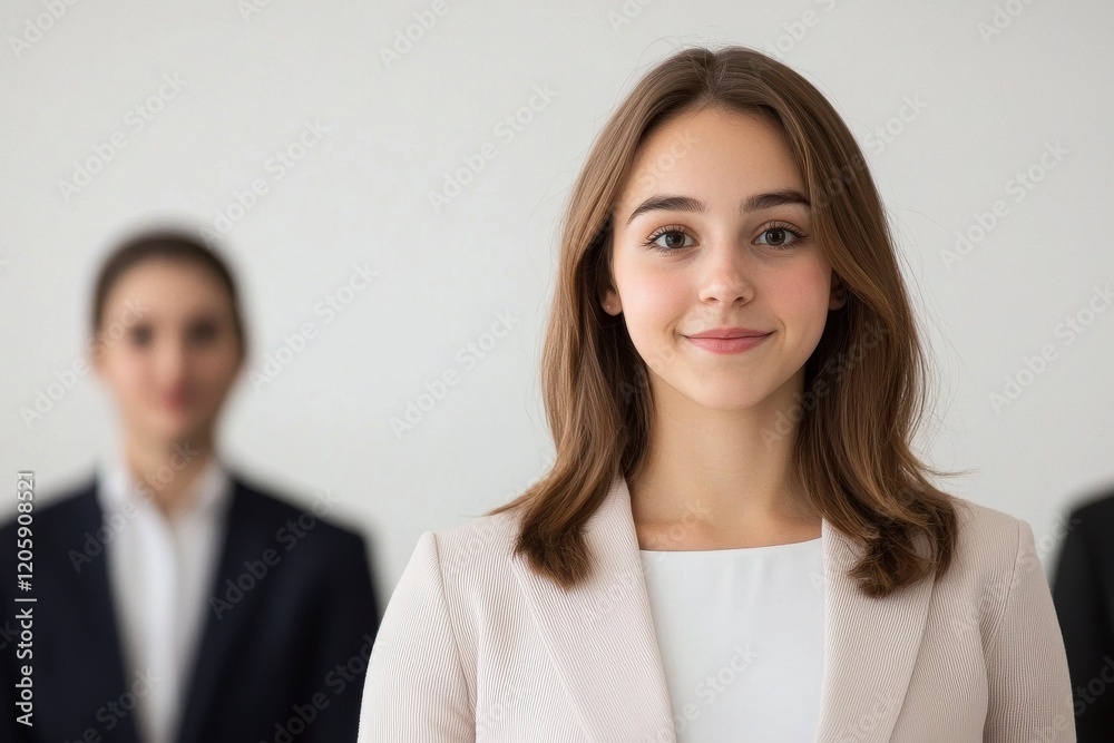 A confident young woman stands in the foreground, smiling, while two individuals in formal attire are blurred in the background. A confident young woman stands in the foreground, smiling, while two individuals in formal attire are blurred in the background.