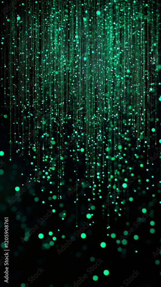 Abstract background with green particles falling and creating a curtain effect, suitable for technology or festive concepts Abstract background with green particles falling and creating a curtain effect, suitable for technology or festive concepts
