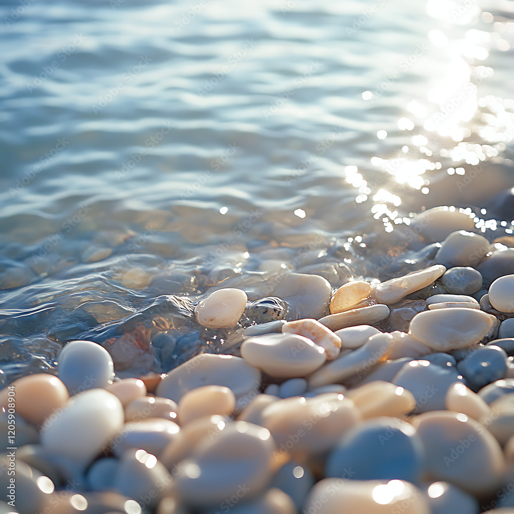 The close-up view of smooth chalcedony pebbles on a beach, with sunlight shimmering on the water’s surface