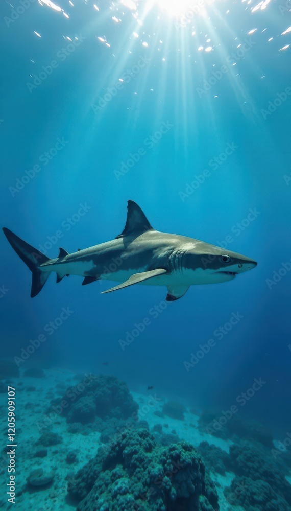 Fototapeta premium Large shark swimming alone on a clear blue ocean background, underwater, blue waters, fish