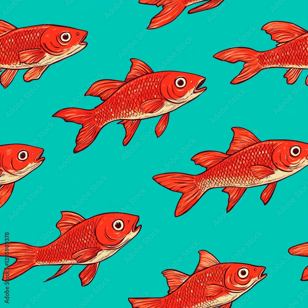 Fototapeta premium Group of gold fish in cartoon style, seamless pattern on a green background.
