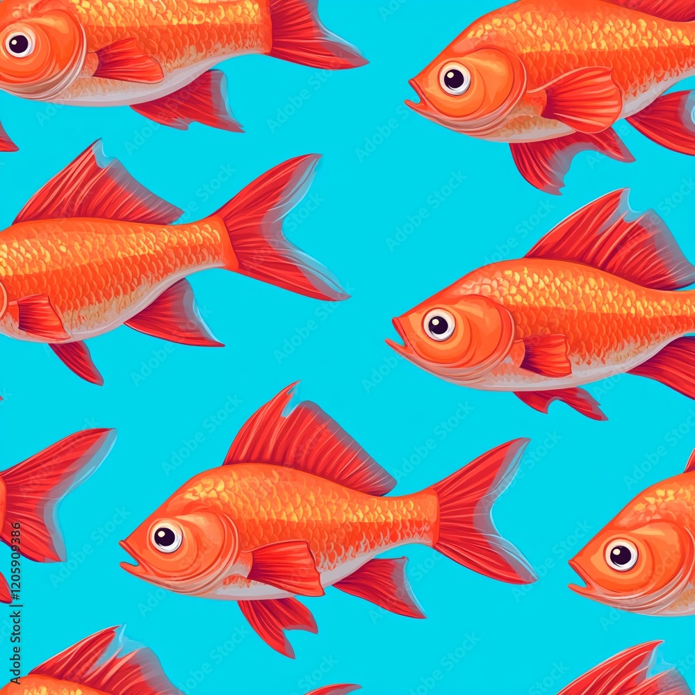 Naklejka premium Group of red fish in cartoon style, seamless pattern on a turquoise background.