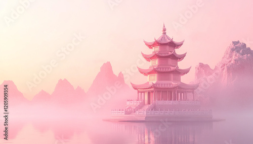 serene digital illustration of Chinese pagoda surrounded by misty mountains, bathed in soft pastel colors. tranquil scene evokes sense of peace and harmony