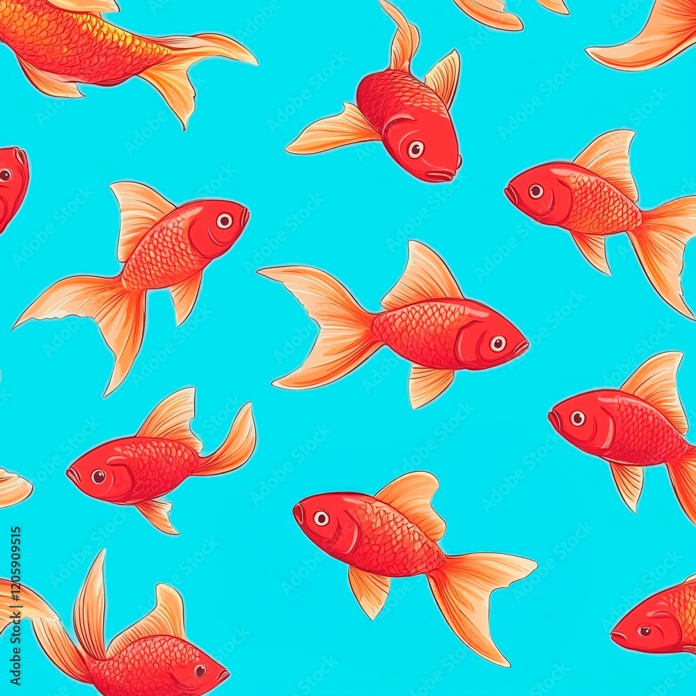 Naklejka premium Group of red fish in cartoon style, seamless pattern on a turquoise background.