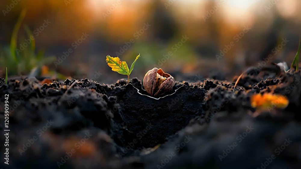 Sprout emerging from walnut shell in dark soil at sunset; nature, growth, new life Sprout emerging from walnut shell in dark soil at sunset; nature, growth, new life